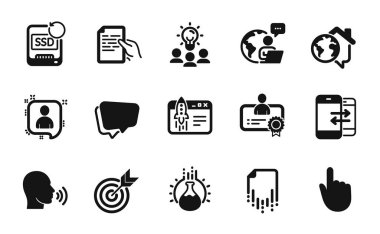 Kimya deneyinin vektör kümesi, işe başla ve belge simgelerini basit tut. Kurtarma Bilgileri, Kurtarma Dosyası ve El Tıklama simgeleri. Sertifika, iş fikri ve dış kaynak iş tabelaları. Vektör