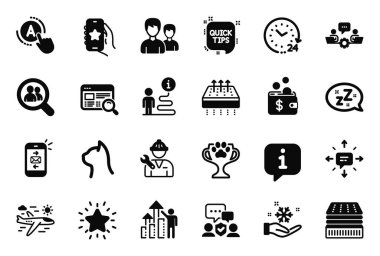 Hayvan bakımı, Kazanan Kupa ve Güvenlik Teşkilatı simgeleriyle ilgili iş simgeleri. Lüks yatak, solunabilir yatak ve uyku işaretleri. Uçak yolculuğu, karın kası testi ve tamirci. Vektör