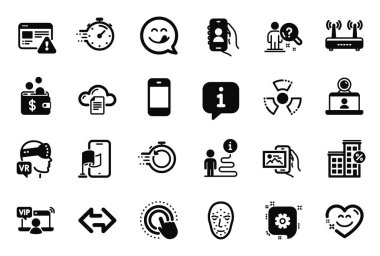Tıklama Eline, Artırılmış Gerçekliğe ve Kullanıcı çağrı simgelerine bağlı Vektör Teknoloji Dizisi simgeleri. Kimyasal tehlike, yüz biyometrisi ve hızlı iyileşme işaretleri. Sync, Loan House ve Wifi. Çarklı. Vektör