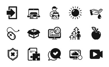 Video kamera, güneş enerjisi ve açık kutu simgelerinden oluşan bir vektör kümesi. Video, market ve Wash 'in el yıkama ikonları gibi. Apple, Reddet koruması ve Bilgisayar fare işaretleri. Vektör