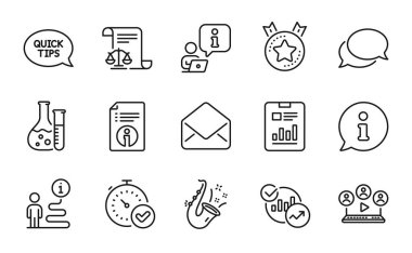 Eğitim simgeleri ayarlandı. Teknik bilgi olarak simge, kimya laboratuvarı, yıldız işaretleri. Video konferansı, hızlı doğrulama, kurye sembolleri. Rapor belgesi, posta, yasal belgeler. Vektör