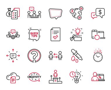 Soru işareti, kimya pipeti ve takım çalışması iş simgeleriyle ilgili Eğitim ikonlarının vektör kümesi. Onaylanmış kontrol listesi, sohbet eden insanlar ve takım çalışması işaretleri. Muhasebe zenginliği, hızlı bahşişler. Vektör