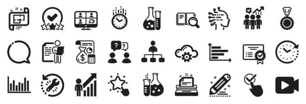 Set Education Icons Teamwork Questions Chemistry Lab Time Change Icons — Stock Vector