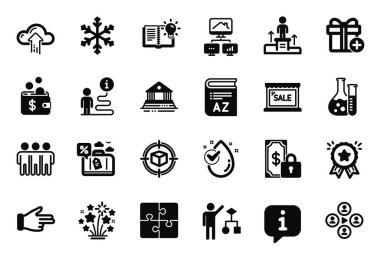 Algoritma, Bulut Yükleme ve Özel ödeme simgeleriyle ilgili iş simgeleri. Ürün bilgisi, Bilmece ve Ev İşaretleri. Paket takibi, su bırakma ve satış. Elini şıklat. Vektör