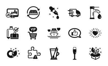 Kimya pipeti, boya fırçası ve şampanya ikonları seti. Şamdan şeması, geribildirim ve Vip alışveriş ikonları. Bagaj geri alma, yatak ve balayı gemi tabelası. Vektör
