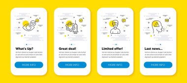 Vector set of Check Eye, Coronavirus aşısı ve Tıbbi maske çizgisi simgeleri ayarlandı. Satır simgeli UI telefon uygulaması ekranları. Öksürük ikonu. Görüş, Kapalı Korunma, Solunum. Grip belirtileri. Vektör