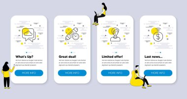 İş kadını kişisi, hava tahminleri, proje bitiş tarihleri gibi iş ikonları. İnsanlarla UI telefon uygulaması ekranları. Temassız ödeme hattı sembolleri. Vektör