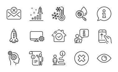 Teknoloji simgeleri ayarlandı. Monitör ayarları, Roket, Kapat düğmesi işaretleri olarak simge dahil edildi. Reddedilmiş mektuplar, el kitabı, geliştirme planı sembolleri. Düşünceler, Göz, ev güvenliği. Donuyorum, yukarı kaydır. Vektör