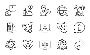 Teknoloji simgeleri ayarlandı. Çevrimiçi oylama, Mühendislik takımı ve yıldız işaretleri olarak simge içeriyor. Paylaşım çağrısı, müzik yapma, internet sembolleri. Atom, Paylaş, Düzenleyici. Çalışanların serveti. Vektör