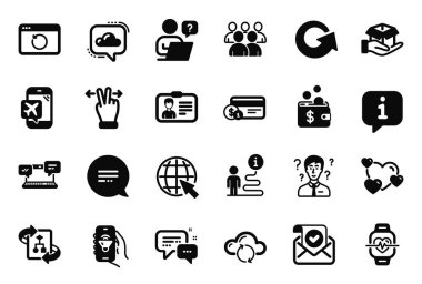 Grup, Müzik Uygulaması ve Bekleme Kutusu simgeleriyle ilgili Vektör Teknoloji Dizisi simgeleri. Kısa mesaj, çevrimiçi soru ve kardiyo eğitim işaretleri. İnternet, onaylanmış posta ve çalışan kurye. Vektör