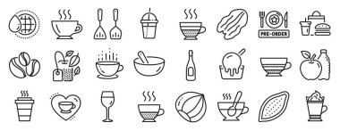 Yemek ve içecek ikonları, fast food, ön sipariş, kafe krema ikonları gibi. Ceviz, kahve, çatal bıçak tabelaları. Elma, nane, fındık. Kahve kokteyli, dünya suyu, Mocha. Vektör