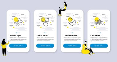 Bakteri, ödeme tıkırtısı, fırtına ikonları gibi iş simgeleri. İnsanlarla UI telefon uygulaması ekranları. Bankacılık para hattı sembolleri. Vektör