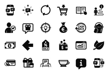 Smartphone SMS, Nane Yaprakları ve Kimlik doğrulama simgeleriyle ilgili basit simgeler kümesi. Tam rotasyon, çevrimiçi pazar ve internet trafik işaretleri. Dilek listesi, talimatları ve para çantasını oku. Vektör