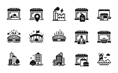Elektrik fabrikasının vektör seti, pazar alıcısı ve pazar yeri simgeleri basit set. Binalar, Deniz feneri ve Arena ikonları. Market satışı, Arena stadyumu ve gökdelen binaları tabelaları. Vektör
