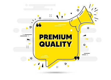 Kaliteli metin. Megafon sohbet pankartı uyarısı. Yüksek ürün işareti. En iyi teklif sembolü. Birinci sınıf sohbet mesajı hoparlörü. Megafon geçmişini uyarın. Vektör