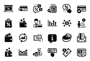 Kredi kartı, indirim kuponu ve iş adamı dava simgeleriyle ilgili vektör kümesi simgeleri. Dolar değişimi, cüzdan parası ve Infochart tabelaları. Ödeme yöntemleri, Bill muhasebe ve alım. Vektör