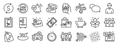 Messenger, bürokrasi, zaman simgeleri gibi iş simgeleri. Tam rotasyon, sadakat programı, dolar değişim işaretleri. Pencere temizleme, evcil hayvan etiketleri, kahve. Makas, alışveriş, hedef. Vektör