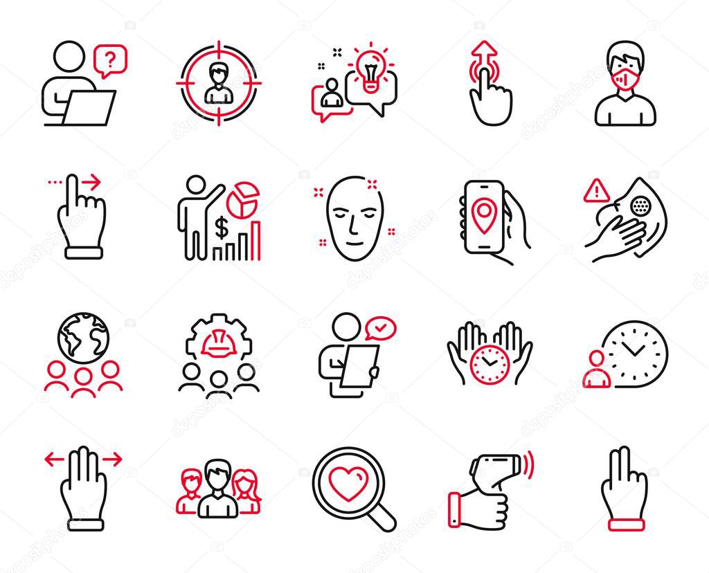 Vector Set of People icons related to Dirty mask, Health skin and Teamwork icons. Swipe up, Multitasking gesture and Click hand signs. Global business, Idea and Headhunting. Medical mask. Vector