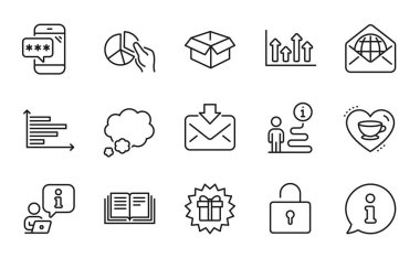 İş simgeleri ayarlandı. Sürpriz hediye olarak simge, yatay şema, telefon şifre işaretleri dahil. Kilit, Eğitim, Açık Kutu Sembolleri. Kahve, pasta grafiği, sohbet balonu. İnternet postaları, Yukarı Oklar. Vektör