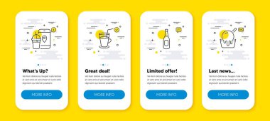 Kokteyl, Gıda Uygulaması ve Bira Hattı simgeleri seti ayarlandı. Satır simgeli UI telefon uygulaması ekranları. Dondurma ikonu. Taze içecek, yemek siparişi, bar alkolü. Dondurma fincanı. UI pankartlarını arayın. Vektör