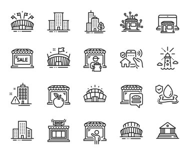 Sel sigortası vektör seti, pazar yeri ve deniz feneri hattı simgeleri ayarlandı. Üniversite kampüsü, Arena Stadyumu ve Teslimat Pazarı ikonları. Sel sigortası web sembolü. Vektör