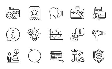 Teknoloji simgeleri ayarlandı. Nokta grafiği, yenilenme ve kalp işaretleri olarak simge içeriyor. Saç kurutma makinesi, onaylandı, elektrikli süpürge sembolleri. Seo fikri, sadakat bileti, yüz tanıma. Alet çantası, web sitesi araması. Vektör