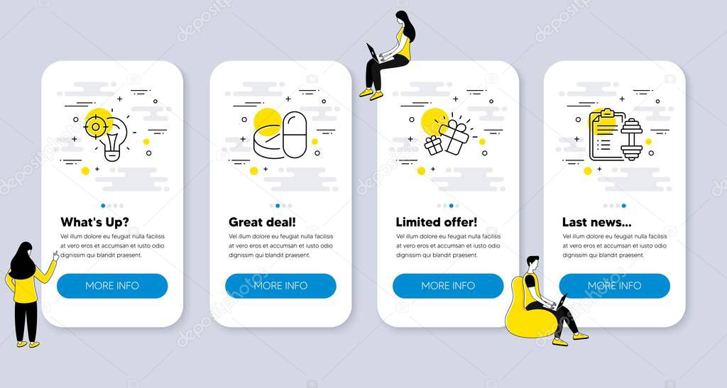Set of Business icons, such as Seo idea, Gift, Medical drugs icons. UI phone app screens with people. Dumbbell line symbols. Performance, Marketing box, Medicine pills. Training plan. Vector