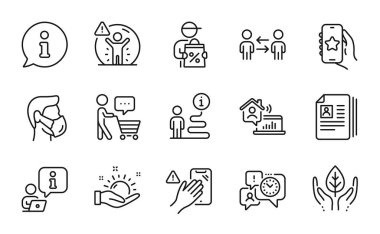 İnsan simgeleri ayarlandı. İş yeri ikonu, güneşli hava, alıcı tabelaları. Dokunma, teslimat indirimi, takım çalışması iş sembolleri. Favori uygulama, zaman yönetimi, tıbbi maske. Vektör