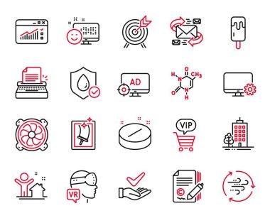 Kopyalama, Gülümseme ve Tıbbi tablet simgeleriyle ilgili iş simgeleri. Artırılmış gerçeklik, pencere temizliği ve kimyasal formül işaretleri. Seo bloğu, internet trafiği ve daktilo. Vektör