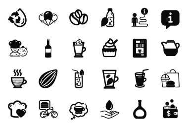 Konyak şişesi, şarap ve geri dönüşümlü su ikonlarıyla ilgili ikonlar. Dondurma, su şişesi ve kafe krema tabelaları. Dondurma, süt sürahisi ve nane yaprağı. Şef. Vektör