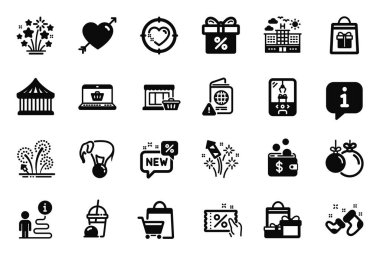 Havai fişek roketi ile ilgili bir dizi tatil simgesi, top ve indirimli filler ikonlar sunuyor. Kalp hedefi, alışveriş ve tatil işaretleri. Havai fişek yıldızları, pazar yeri ve aşk. Vektör