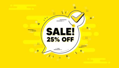 % 25 indirimli. Sarı sohbet pankartını işaretle. Promosyon fiyatı tabelası. Satış rozeti sembolü. Satış onaylı sohbet mesajı. Kontrol listesi geçmişi. Vektör