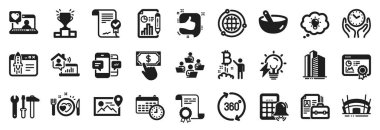 Güvenli zaman, takım çalışması, Spanner araç simgeleri gibi iş simgeleri. Gökdelen binaları, fotoğraf konumu, Seo sertifika tabelaları. Arkadaş sohbeti, Kazanan podyum, Globe. Rapor belgesi Vektör