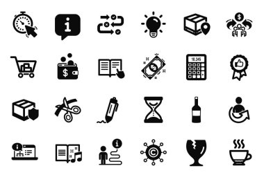 İnternet alışverişi, kırılgan paket ve müzik kitabı simgeleriyle ilgili basit simgeler kümesi. Espresso, çevrimiçi belgeler ve hesap makinesi işaretleri. Zamanlayıcı, şarap ve olumlu geri bildirim. Paylaş. Vektör