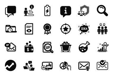 Zaman yönetimi, Takım çalışması ve Konuşma baloncuğu simgeleriyle ilgili Eğitim ikonlarının vektör kümesi. Kazanan, batarya şarjı ve turta tabelaları. Onaylanmış posta, Başarı ve Arama. Denetleme, fikir. Vektör