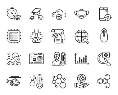 Vector set of Settings taslağı, Tıbbi analiz ve Kimya laboratuvar çizgisi simgeleri ayarlandı. Anakart, şapka ve internet simgeleri fırlat. Seo telefonu, dürüstlük ve termometre işaretleri. Vektör