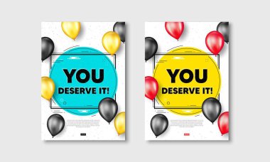 Mesajı hak ediyorsun. Gerçekçi balon kapaklı broşürler. Özel teklif işareti. Reklamcılık sembolü. Beyaz çerçeveli posterleri hak ediyorsun. Balonlar korunuyor. Vektör