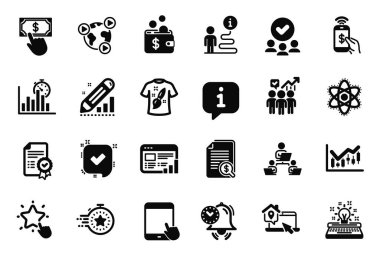 Ödeme tıklama, Zamanlayıcı ve Onaylanmış grup simgeleriyle ilgili Eğitim ikonları vektör kümesi. Finansal şema, mali belgeler ve istatistik tabelalarını düzenle. Onaylandı, zamanlayıcı ve ekip çalışması. Vektör