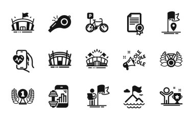 Bisiklet park yeri vektör seti, Liderlik ve Spor arenası simgeleri basit set. Arena, kardiyo eğitimi ve spor uygulaması simgeleri. Ole chant, Laureate ödülü ve Islık işaretleri. Vektör