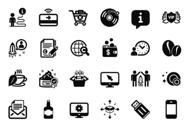 Zaman yönetimi, İnternet ve Temassız ödeme simgeleriyle ilgili basit simgeler kümesi. Vinil kayıt, Monitör ayarları ve Usb flaş işaretleri. Akıllı telefon, satın alma ve ortaklığı kaldır. Vektör