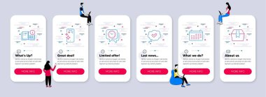Takvim, Onaylanmış ve Saat simgeleriyle ilgili Vektör Teknoloji Simgeleri Kümesi. Takım çalışmalı UI telefon uygulaması ekranları. Talimat bilgileri, Smartphone temiz ve paket kutusu satırı sembolleri. Vektör