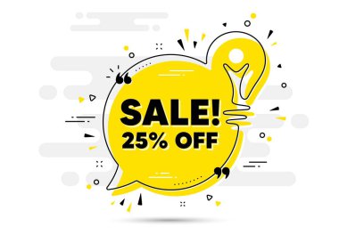 % 25 indirimli. Sarı fikir sohbet baloncuğu arka planı. Promosyon fiyatı tabelası. Satış rozeti sembolü. Sohbet mesajı ampulü. Fikir ampul arka planı. Vektör