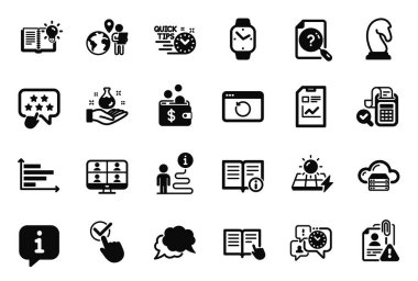 Sohbet mesajı, dış kaynak işi ve pazarlama strateji simgeleriyle ilgili Eğitim ikonları vektör kümesi. Zaman yönetimi, video konferansı ve arama çalışanları imzaları. Deneme kutusu, kimya laboratuvarı. Vektör