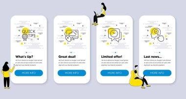 Bulut hesaplama, saat, hızlı ipuçları simgeleri gibi bir takım bilim simgeleri. İnsanlarla UI telefon uygulaması ekranları. Kullanıcı satırı simgelerini seç. Bilgisayar depolama, zaman, yararlı numaralar. Kafasını çek kutusuna koy. Vektör