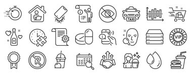 Bulmaca zamanı, alışveriş arabası, diyagram çizelgesi ikonları gibi iş simgeleri. Dondurmalı milkshake, taksi, servis tabelaları. Arama takvimi, tıbbi ilaçlar, çağrı merkezi. Şampanyaya bayılırım, Deal. Vektör