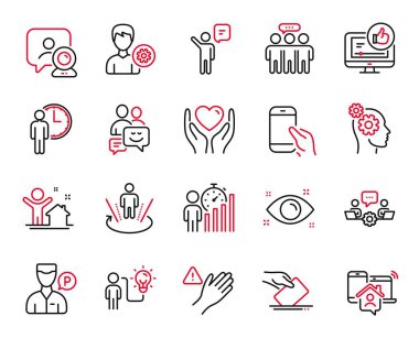 Vector kümesi, vale, iletişim ve iş fikri ikonları ile ilgili ikonlar. Yeni ev, Düşünceler ve Ajan işaretleri. Sağlık gözü, video gibi ve kalbini tut. Takım çalışması, destek. Vektör