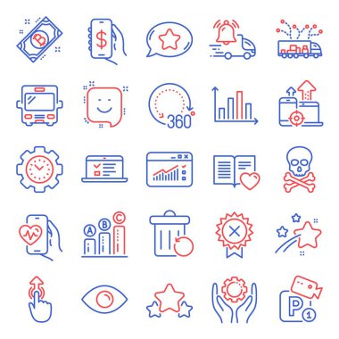 Teknoloji simgeleri ayarlandı. Zaman yönetimi simgesi, kamyon teslimatı, otobüs işaretleri dahil. Aşk kitabı, grafik çizelgesi, web konferansları sembolleri. Kardiyo eğitimi, Seo cihazları, yukarı kaydır. Kayan yıldız, Yıldızlar. Vektör