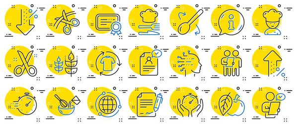 Шляпа шеф-повара, опросы клиентов, иконки с быстрой линией доставки. Одобрено применение, ножницы перерезают ленту, иконки искусственного интеллекта. Снижение процента, процентная ставка, контракт. Пузырь информационного центра. Вектор