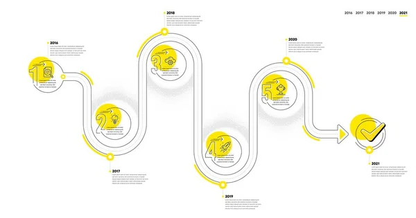 业务信息图表时间表5个步骤 旅程路径工作流信息图形 工作流程图与想法 创业火箭和优胜杯线图标 时间线信息图 — 图库矢量图片