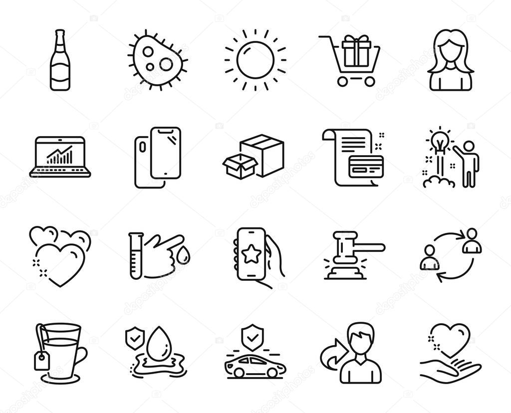 Vector set of Share, Sunny weather and Flood insurance line icons set. Packing boxes, Favorite app and Blood donation icons. Smartphone, Payment card and Shopping cart signs. Share web symbol. Vector